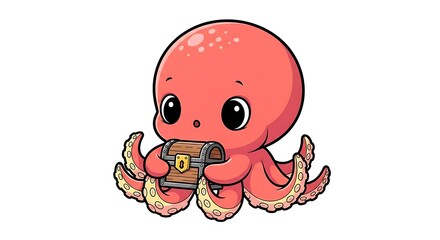 Fototapeta premium A cartoon octopus holding a treasure chest with its tentacles on a white isolated background