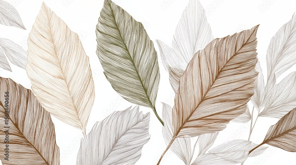 Poster drawing of leaves with a white background. the leaves are of different colors and sizes, and they ar