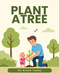 Plant a Tree: Go Green Today - Illustration of Father and Child Planting a Sapling