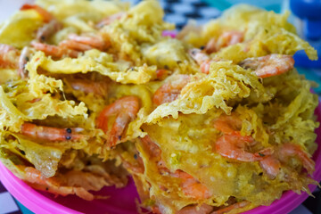 Crispy Golden Shrimp Fritters Placed in Pink Bowl Appetizing Food