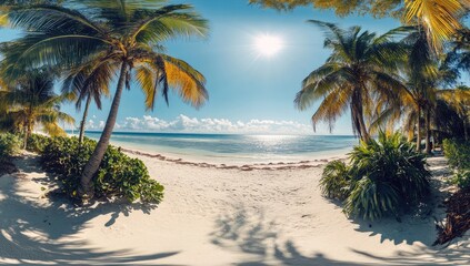 Obraz premium Panoramic view of a tropical beach framed by palm trees. Sunlight filters through lush foliage, illuminating a pristine white sand beach leading to a calm turquoise ocean