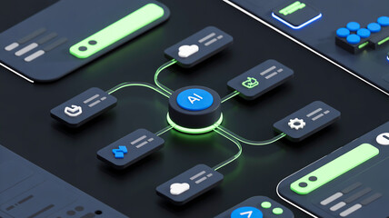 Fototapeta premium Design a sleek, dark-themed user interface featuring a detailed, glowing flowchart diagram illustrating complex processes with intuitive, modern visual elements