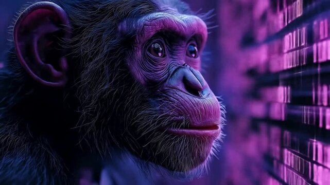Monkey Close-Up Digital Art Portrait of a Chimpanzee with Purple Hues and a Blurred Abstract Background, Emphasizing Thought and Artificial Intelligence

