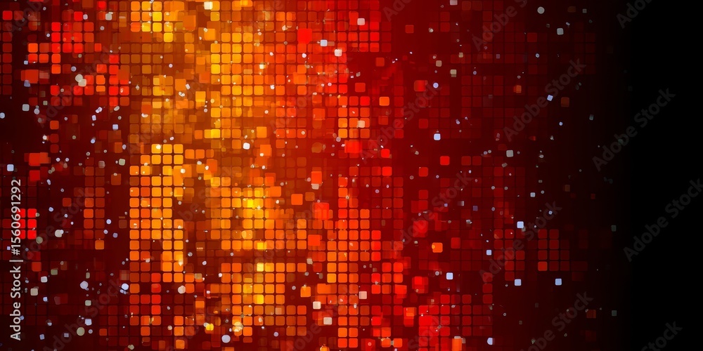 Poster red background with orange squares and white dots. the squares are arranged in a way that they look 