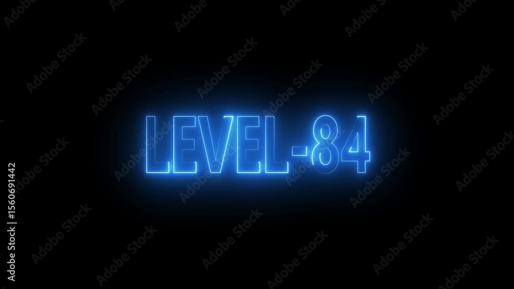 Poster glowing level-84 text with glitch effects animation. game concept next level icon isolated . black b