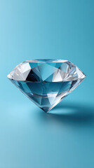 A flawlessly cut and sparkling diamond sits majestically against a serene, light blue background, showcasing its brilliance and exceptional clarity in detail.