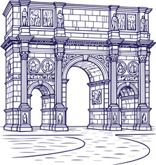 Fototapeta premium Triumphal Roman arch in line art style with detailed carvings