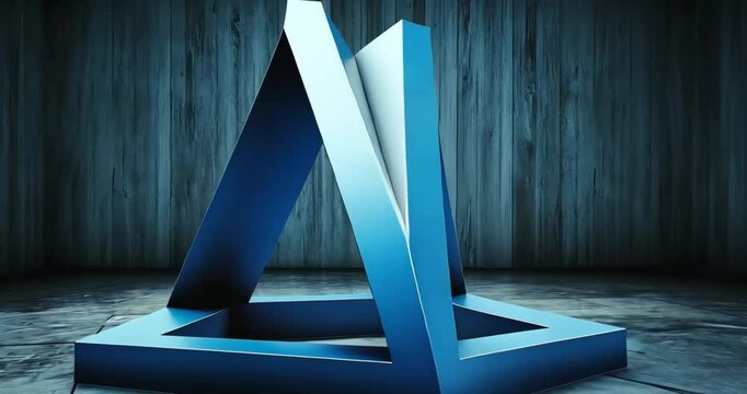A blue Penrose triangle rotates against a dark wooden background, creating a mesmerizing visual paradox.