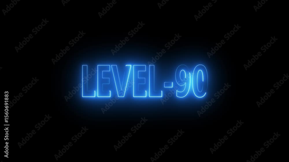 Poster glowing level-90 text with glitch effects animation. game concept next level icon isolated . black b