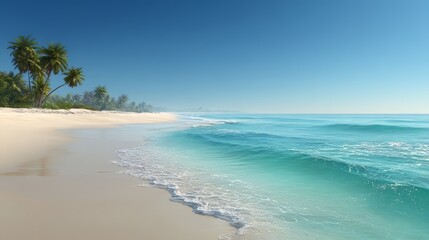 Fototapeta premium Beautiful beach with a palm tree in the background. The water is calm and the sky is clear