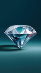 A strikingly beautiful, precisely cut diamond shimmers against a dark teal background, showcasing its perfect clarity and flawless facets in a luxurious display.