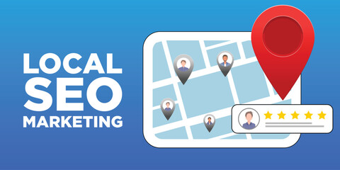 Local SEO for small businesses. Local seo marketing based on customer ratings and reviews. Regional listings with maps, red pins, and star ratings for nearby places. Local search concept illustration