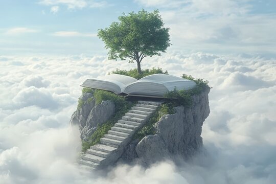A book rests atop a clifftop, amongst clouds.