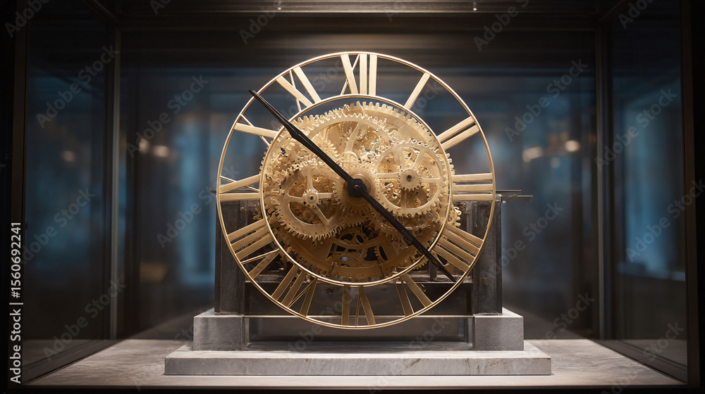 Aufkleber golden gears elegantly mesh in a glass display, symbolizing precision, time, and complexity. ideal f