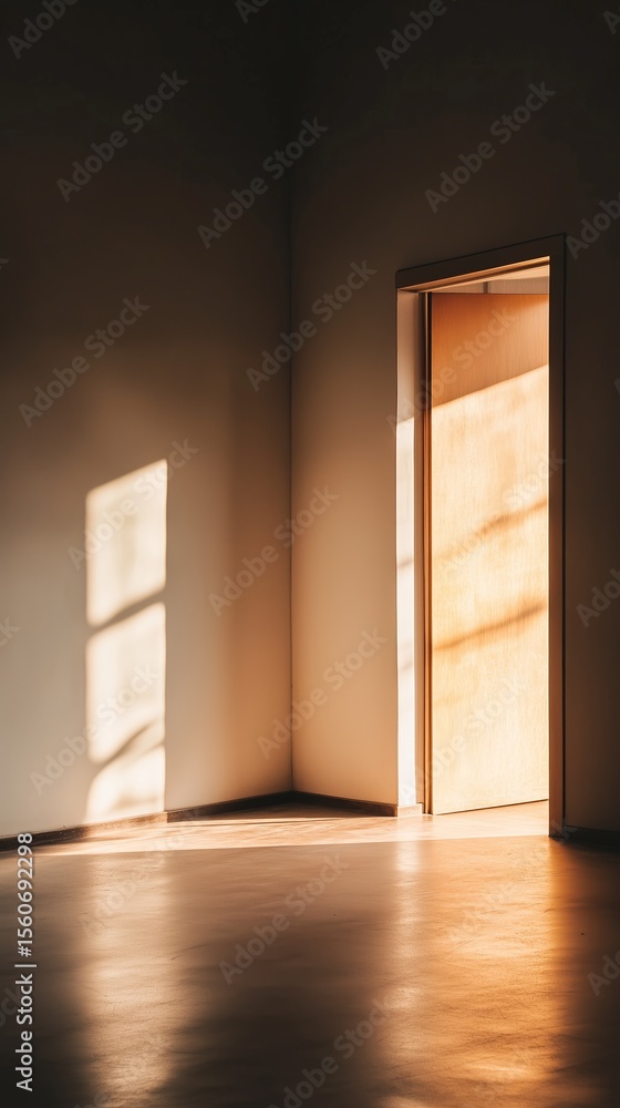 Poster warm sunlight streams through an open door into an empty room with smooth floors and minimalist deco