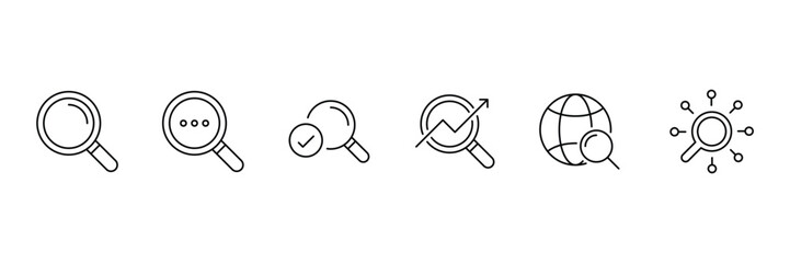 Search thin line icons set. Containing SEO, Digital marketing, data analysis, management, investigate, find and more. Magnifying glass, find, zoom icon. Vector illustration.
