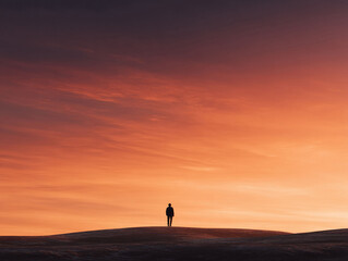 Solitary figure against a vibrant, fiery sunset. Evokes feelings of contemplation, journey, and the human spirit. Ideal for inspirational or conceptual projects.