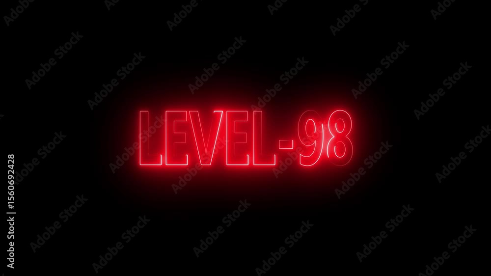 Poster glowing level-98 text with glitch effects animation. game concept next level icon isolated . black b