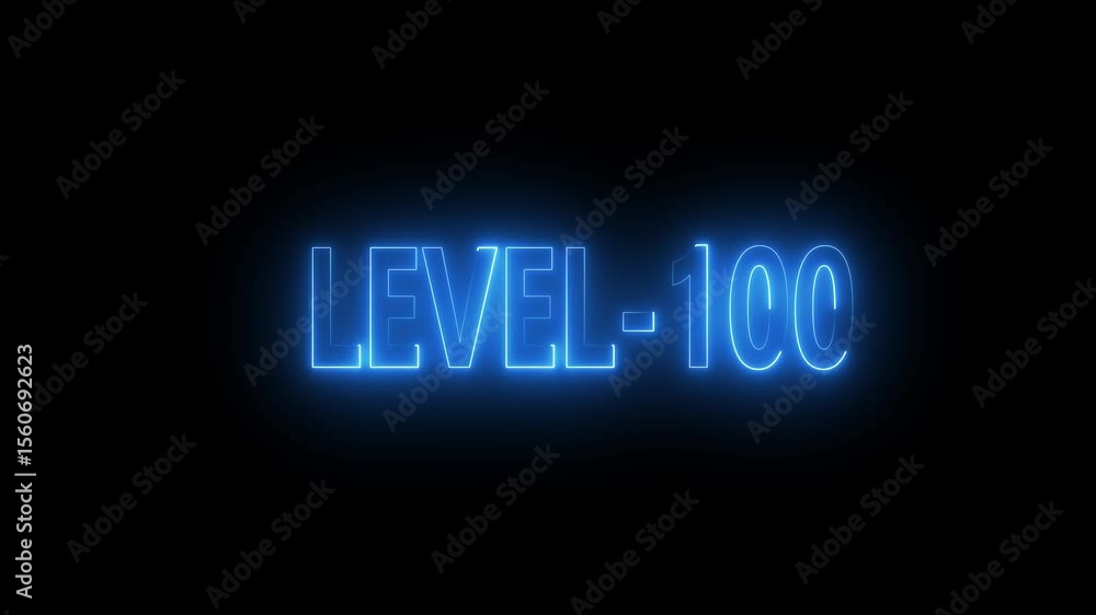 Poster glowing level-100 text with glitch effects animation. game concept next level icon isolated . black 