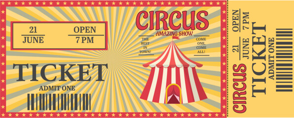 Circus ticket with striped tent design and event details for june show