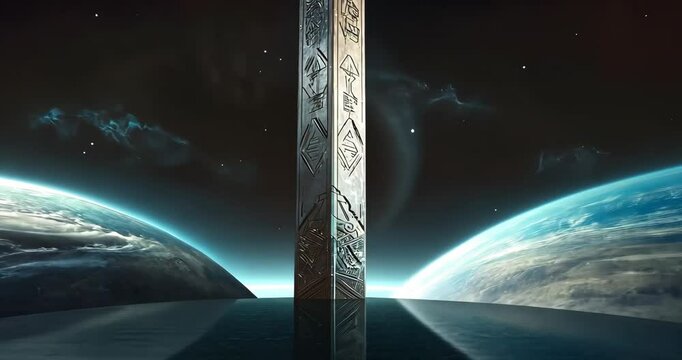 A tall, metallic obelisk stands in space between two planets, covered in intricate carvings.