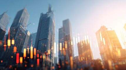 Fototapeta premium Forex trade market and development concept with growing digital candlestick and indicators on sunny skyscrapers background. Double exposure, no logos, no brands