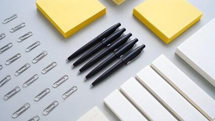 Fototapeta premium Organized Workspace Essentials: A top-down view showcases an organized arrangement of essential office supplies. The scene includes neatly aligned pens, sticky notes, paper clips, and memo pads.
