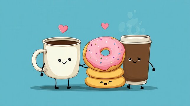 perfect couple slogan with cartoon coffee cup and donuts illustration illustration , no logos, no brands - Powered by Adobe