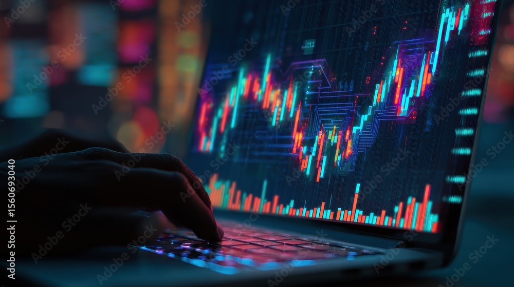 Poster algorithmic trading concept with virtual screen with growing stock market candlestick and circuit at