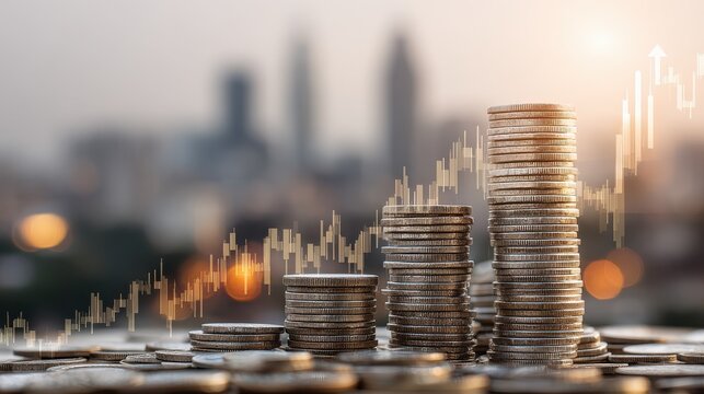 Coin piles with forex chart interface and arrow on blurry Kuala Lumpur city background. Money and stats concept. Double exposure , no logos, no brands