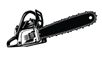 Black Silhouette of a Powerful Gasoline Chainsaw with Long Bar