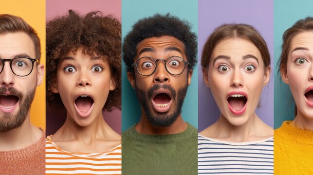 Horizontal shot of people from different races, being emotional, express various feelings and emotions, stand in row. Mixed race young women and men show surprisment, happiness, shock, approval, no l