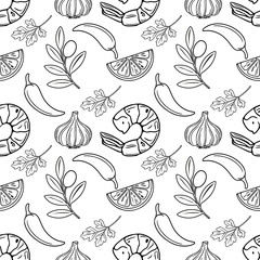 Seamless vector outline pattern of grilled shrimp, garlic, chili peppers, lemon slices, olives, and parsley sprigs, in a minimalist black and white line art style, perfect for culinary designs
