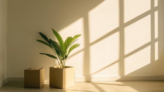 Bright room corner with a plant, a box, and sunlight streaming through, evoking peaceful moving day vibes.