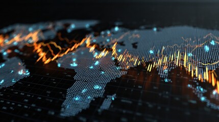 Trading market concept with financial graphs, glowing lines and diagram on digital screen at world map background. 3D rendering, no logos, no brands
