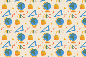 Bright and colorful school themed pattern with globes pencils books rulers and ABC text Designed for children education materials and products
