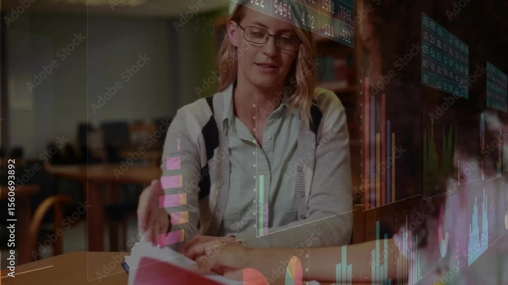 Poster student placing folder on study table sliding document toward partner gesturing at charts for study