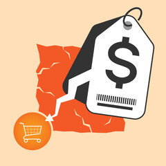 Inflation concept vector: oversized price tag and tiny shopping cart on a shrinking, cracked surface, symbolizing rising costs and the decline of consumer buying power.