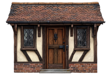 Quaint Tudor style cottage fa ade evokes storybook charm with diamond paned windows and rustic on transparent background