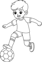 Boy playing soccer coloring page for kids