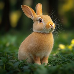 Fototapeta premium Curious rabbit explores a vibrant green forest during a sunny afternoon