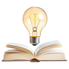 An open book with a glowing incandescent light bulb hovering above, symbolizing knowledge, creativity, and inspiration.