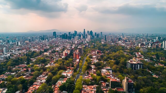 Mexico City urban aerial shot capturing residential neighborhoods and commercial zones in harmony