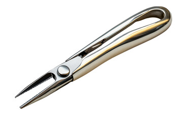 Precision metal tweezers poised for delicate work reflecting light in a sterile environment on on transparent background