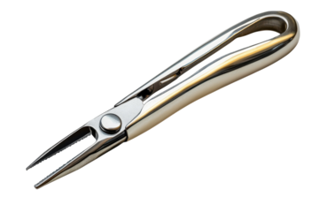 Precision metal tweezers poised for delicate work reflecting light in a sterile environment on on transparent background