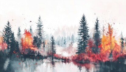 Autumnal forest reflected in a misty lake.  Soft, watercolor-like landscape of a serene forest edge.  Tall, dark evergreens frame vibrant, fall-colored deciduous trees. 