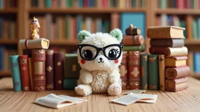 Charming plush bear with glasses sits amidst a library, engrossed in reading, making it a delightful scene for children's content and educational materials.