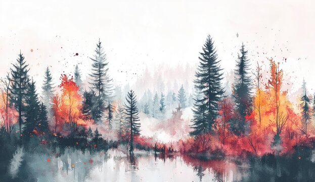 Autumnal forest reflected in a misty lake. Soft, watercolor-like landscape of a serene forest edge. Tall, dark evergreens frame vibrant, fall-colored deciduous trees.