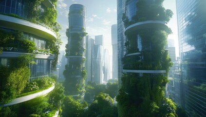 Lush, verdant skyscrapers in a futuristic city. Sunlight streams through glass facades, highlighting abundant greenery cascading down the buildings. Modern, sustainable urban design