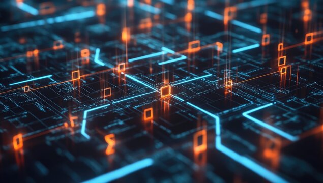 Abstract digital circuit board.  Neon orange and blue glowing lines crisscrossing a dark circuit board.  Data streams appear as numbers and squares.  High-tech, futuristic